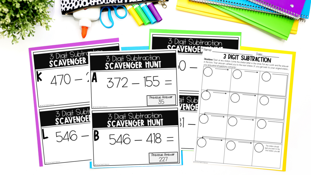 Example of a math scavenger hunt activity for teaching addition and subtraction
