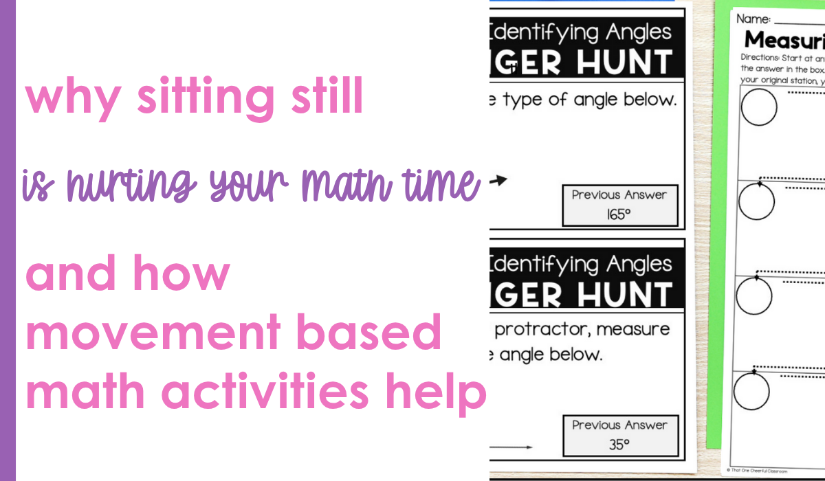 Blog post image about movement based math activities with a math scavenger hunt example.